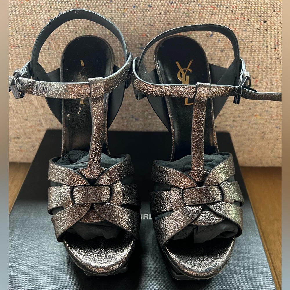 Saint Laurent Tribute Sandal in Metallic Black Gunmetal